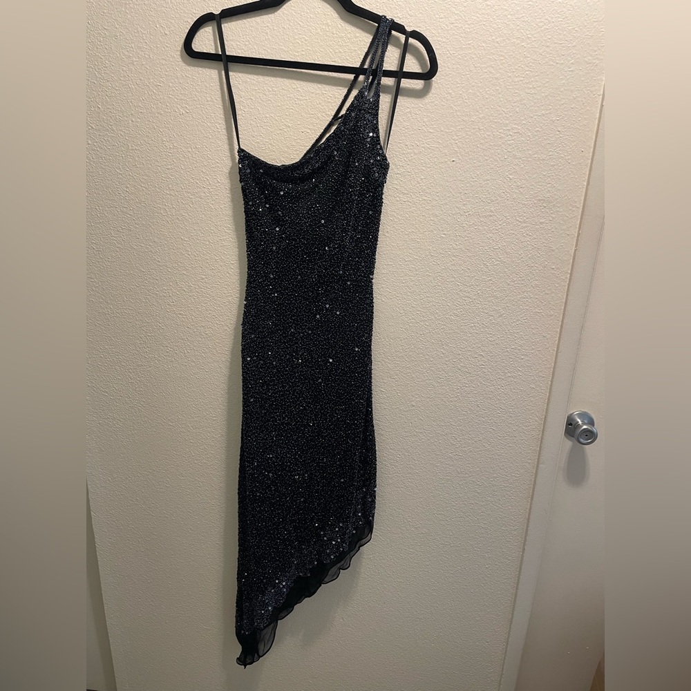 Vintage Y2K Scala Black Asymmetrical Beaded Silk Dress